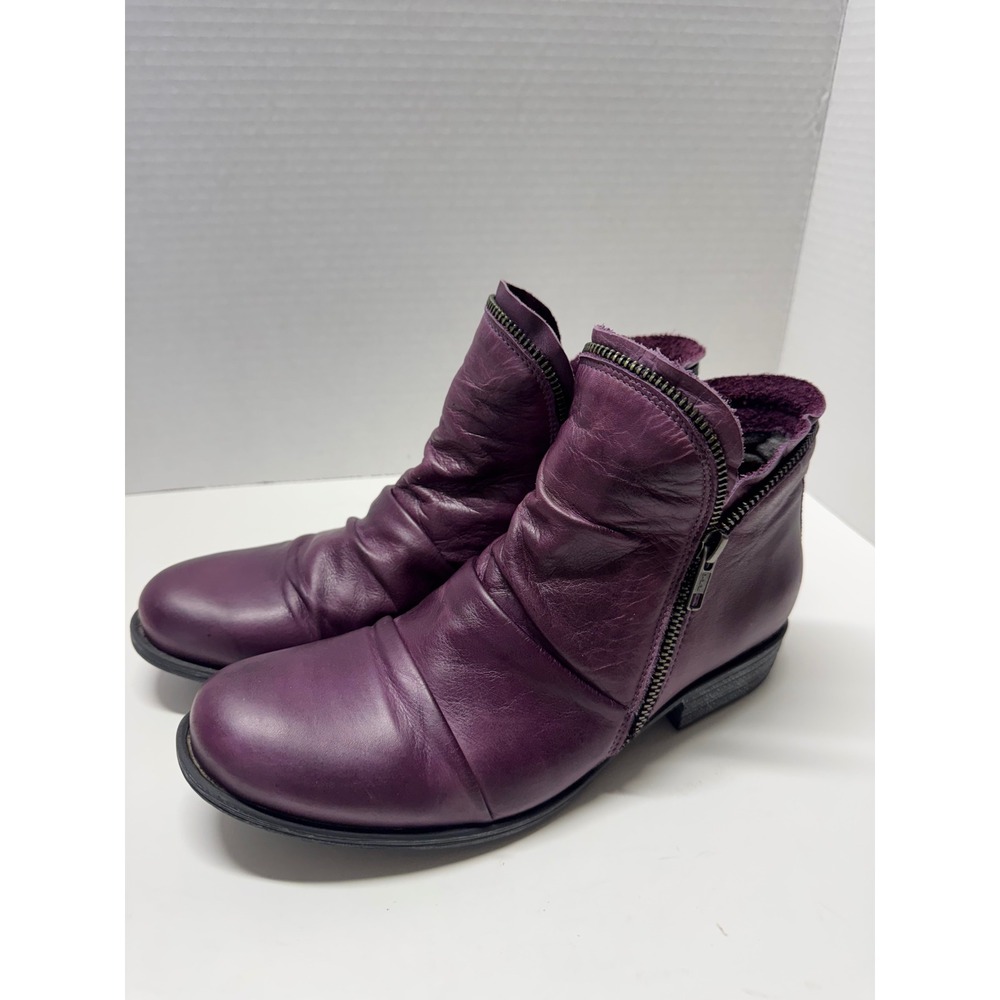 Miz Mooz Luna Purple‎ Leather Ruched Ankle Boots Dual Zip Plum Womens 8